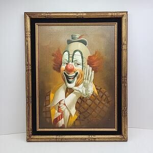 VTG Signed Hoppin Smiling Clown Oil Painting Certified Authentic Framed 19"